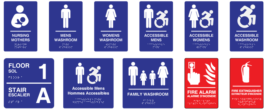 washroom signs with braille, AODA Floor Stair signs, Frie alarm signs 